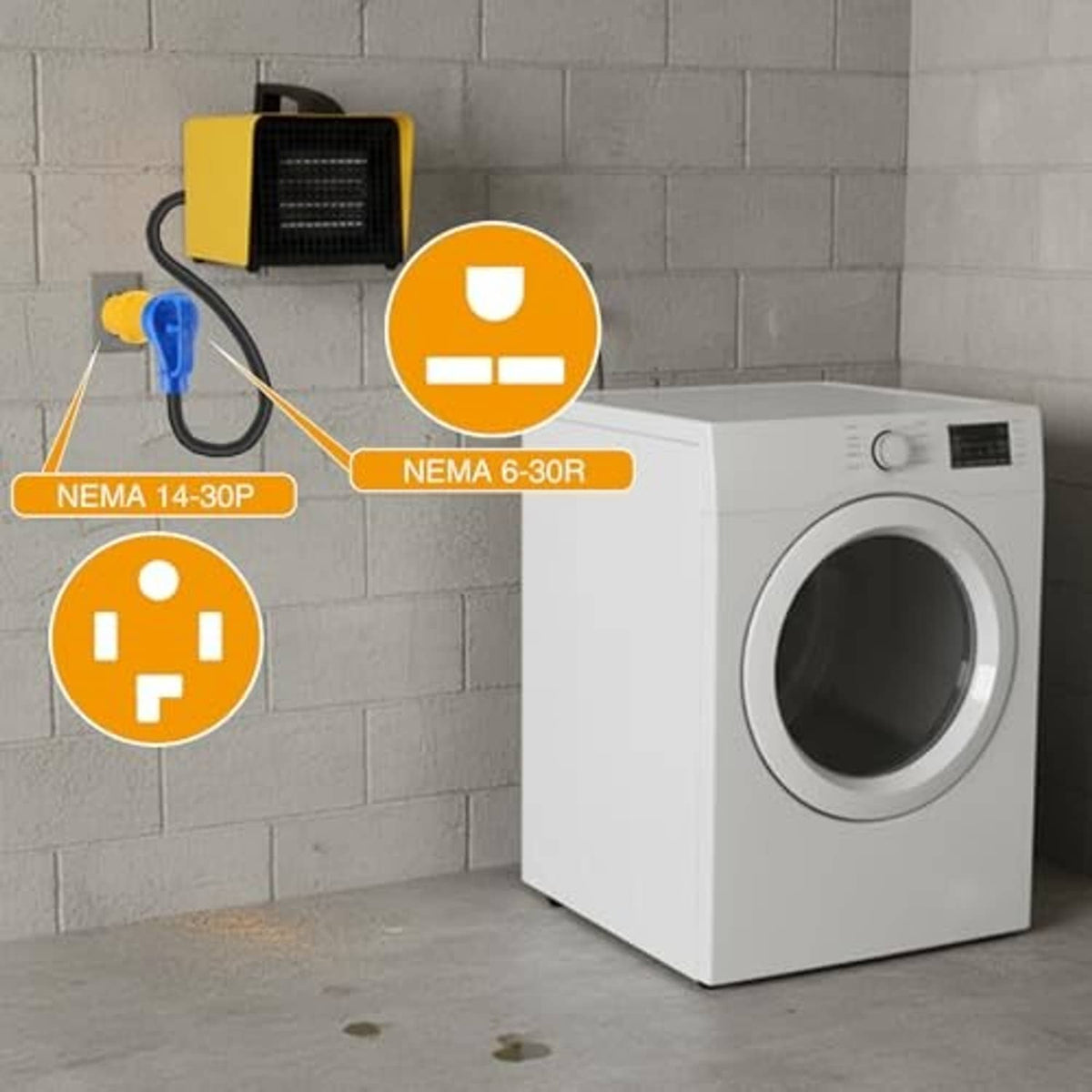Yellow dryer adapter with 3-prong plug and round NEMA 6-30R female connection