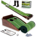 Green golf putting practice mat with automatic ball return track and wooden base