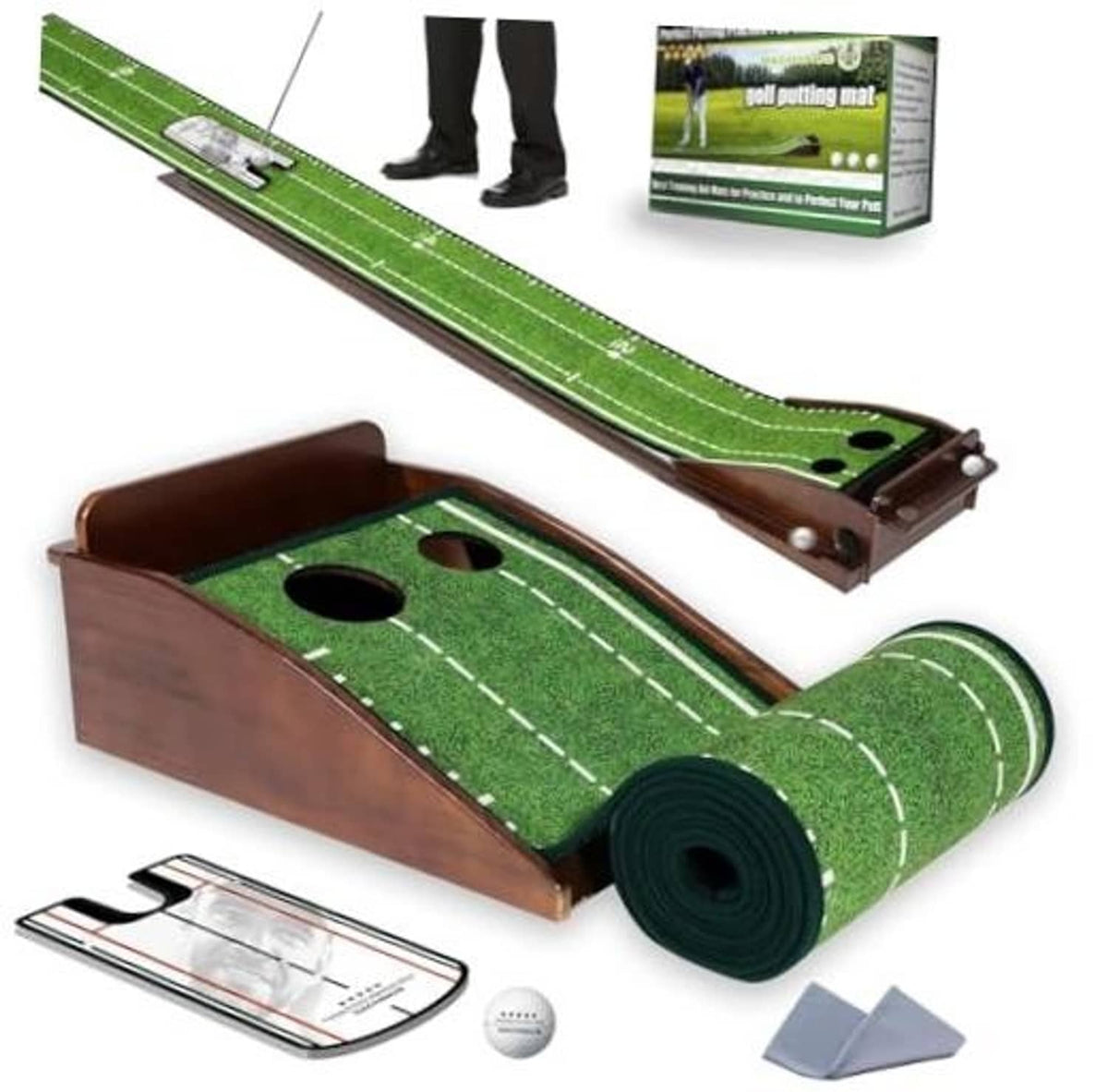 Green golf putting practice mat with automatic ball return track and wooden base
