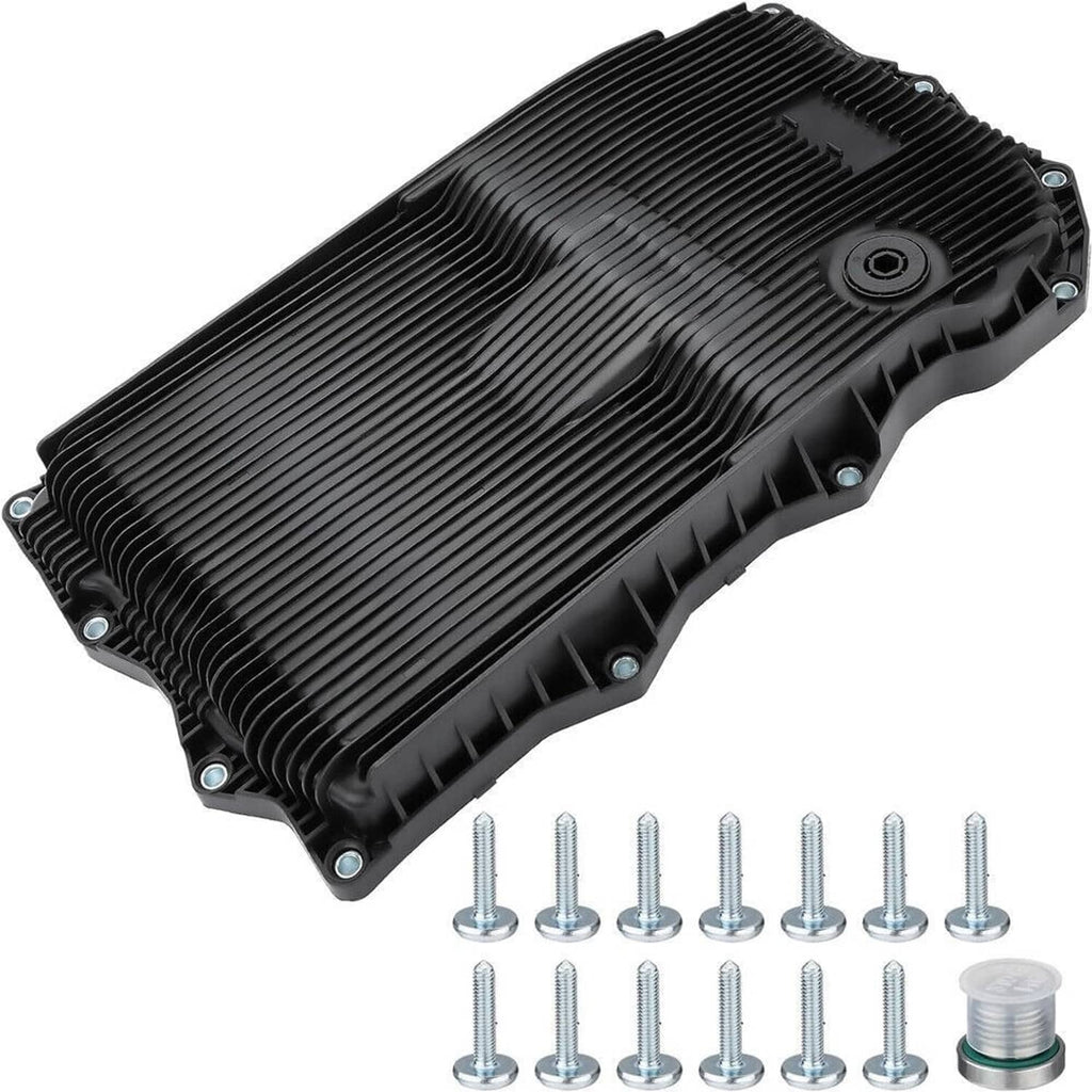 Black ribbed transmission oil pan with included mounting bolts