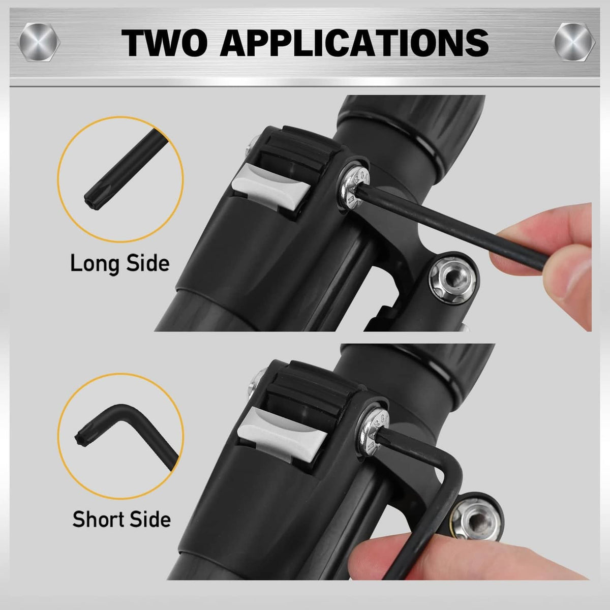 Black Torx star Allen wrench showing long and short side use
