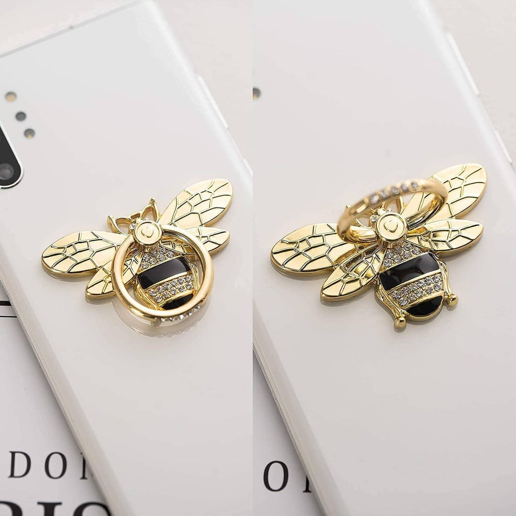 Gold bee phone ring holder with crystal inlay on phone back, two angles