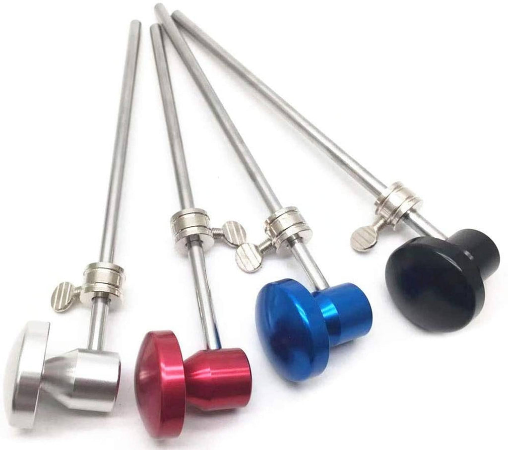 Bass drum pedal beater set with blue, red, silver and black heads on chrome rods