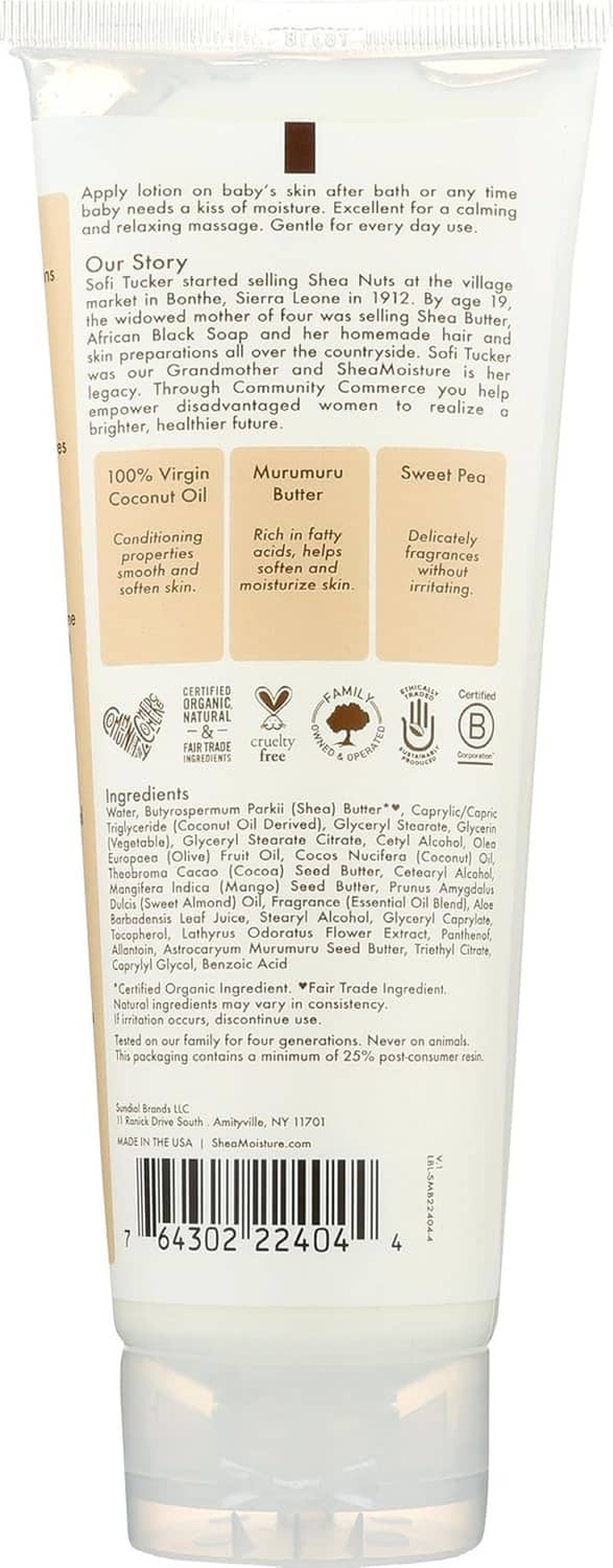 SheaMoisture baby lotion tube back label with ingredient and usage text