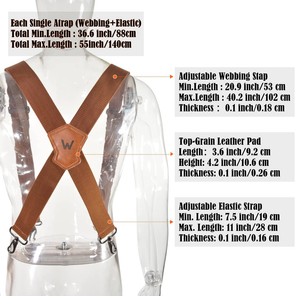 Brown adjustable cross-back harness with leather pad and elastic connecting strap