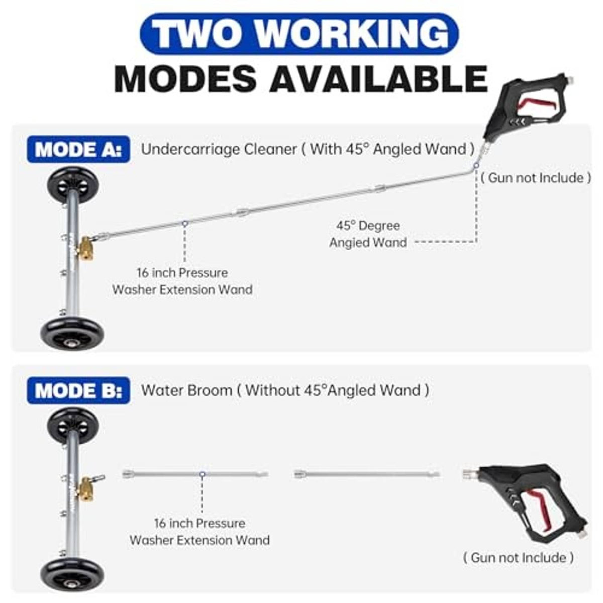 Undercarriage pressure washer attachment with extension wand and 45° angled nozzle option