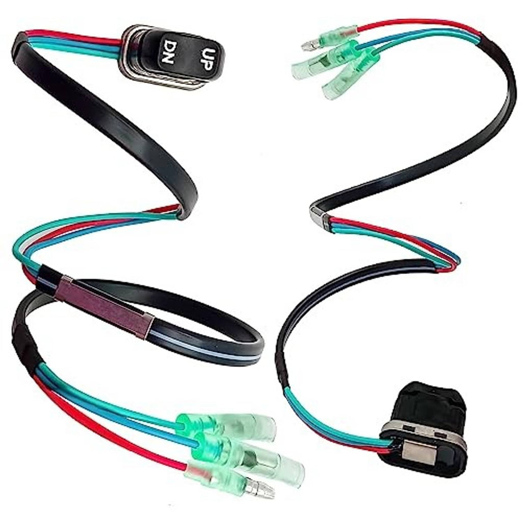 Wiring harness with tilt trim switch and inline connectors, black cable with teal and red wires