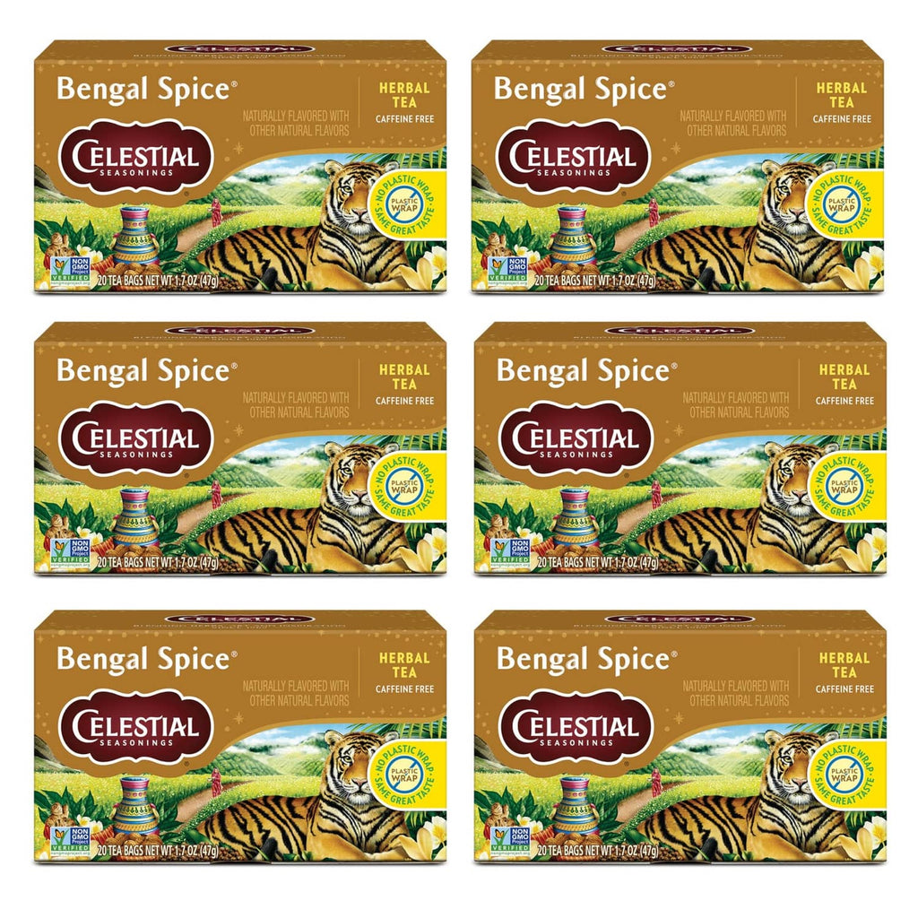 Assorted Celestial Bengal Spice herbal tea boxes, caffeine-free, 20-count packs
