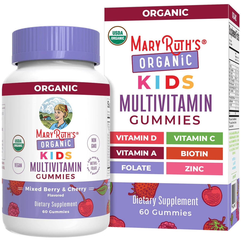 MARYRUTH'S Organic Kids multivitamin gummies bottle with box, lavender cap