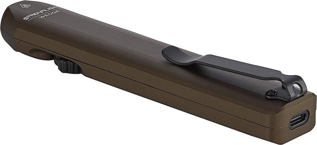 Coyote Streamlight Wedge EDC flashlight, top view with handle switch and USB-C charging port