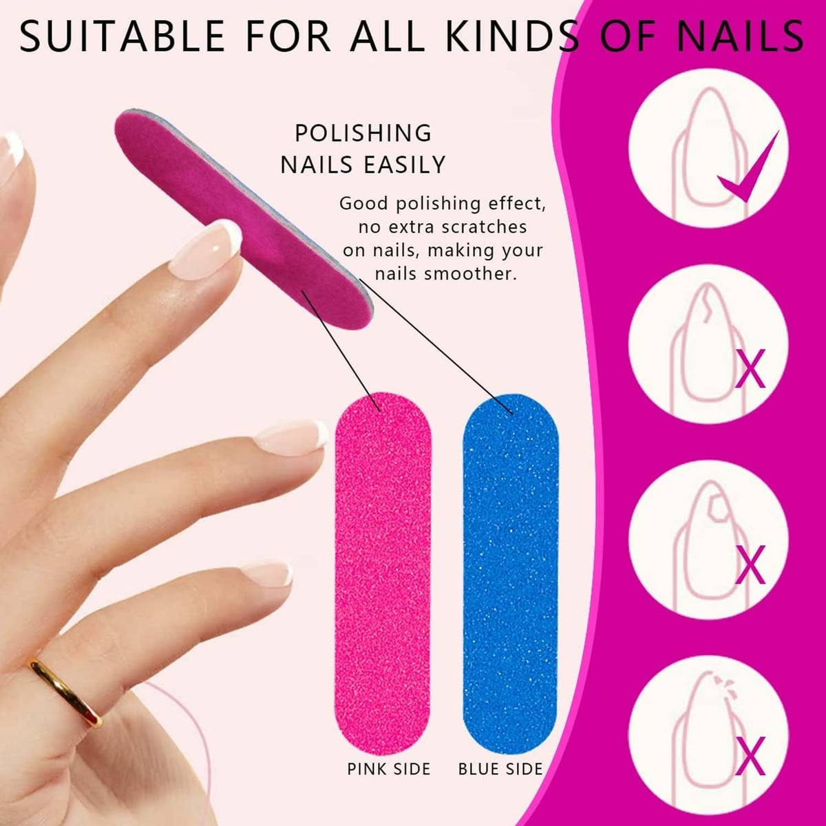 Double-sided emery nail file with pink and blue grits, rounded end