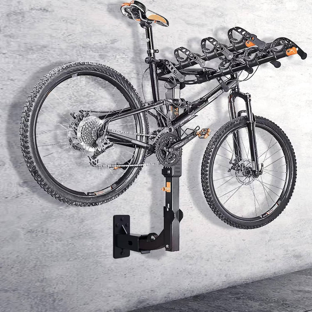 Black hitch wall mount bike rack holding bicycles on a receiver bracket