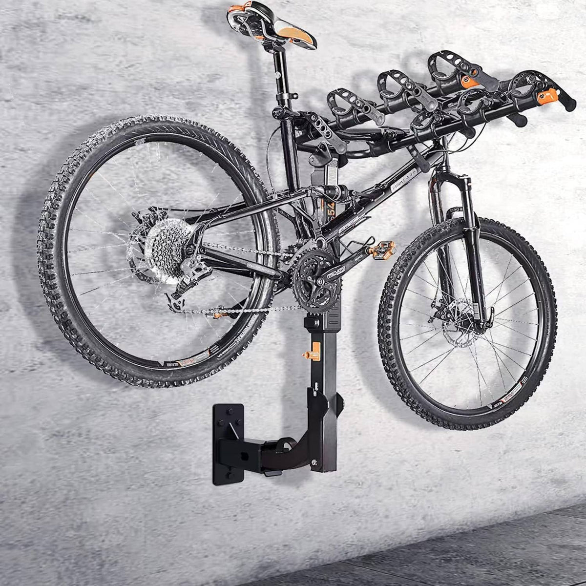 Black hitch wall mount bike rack holding bicycles on a receiver bracket