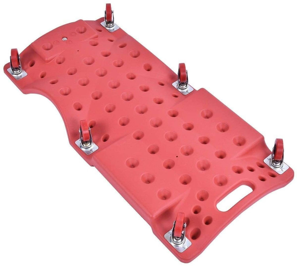 Red perforated caster mounting plate with four corner bolts and metal swivel posts
