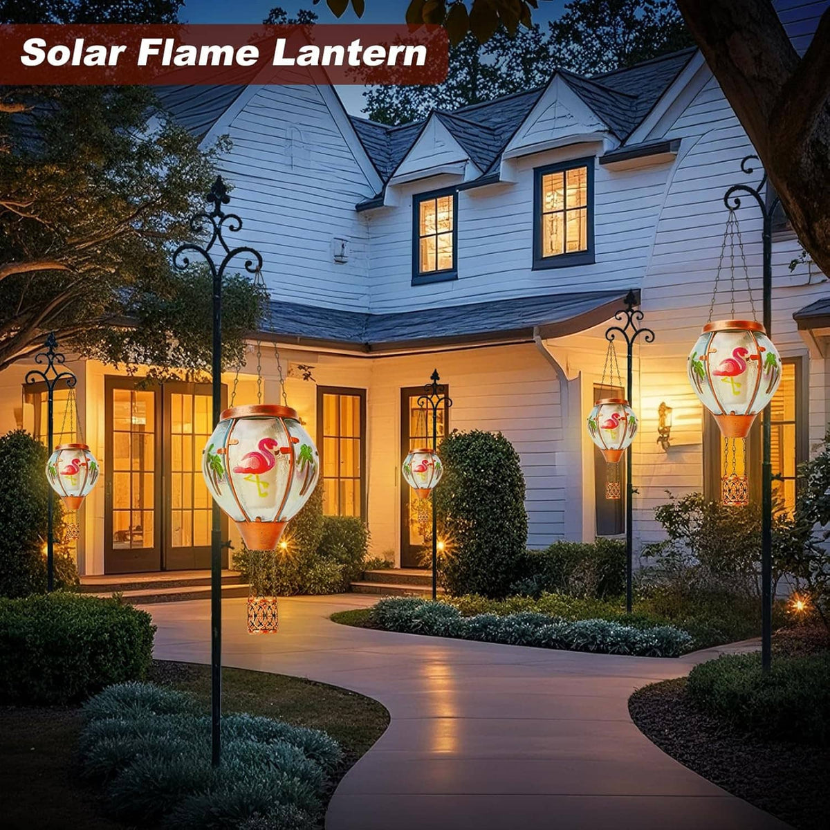 Outdoor solar hot-air-balloon lantern with flamingo pattern glass and red metal base cage