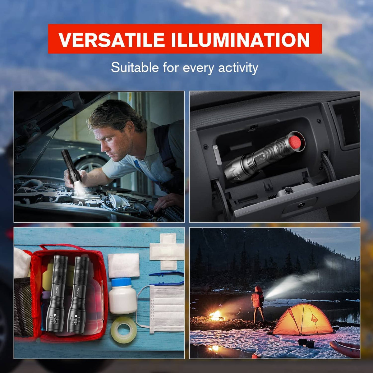 Tactical LED flashlight set in red case with four black flashlights