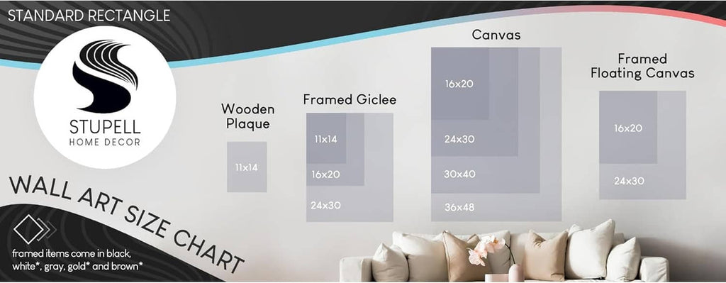 Framed giclée print size chart showing standard rectangle, wood plaque, canvas, and framed canvas.