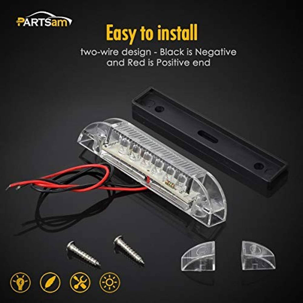 LED utility light bar with clear lens, two-wire leads, and mounting hardware.
