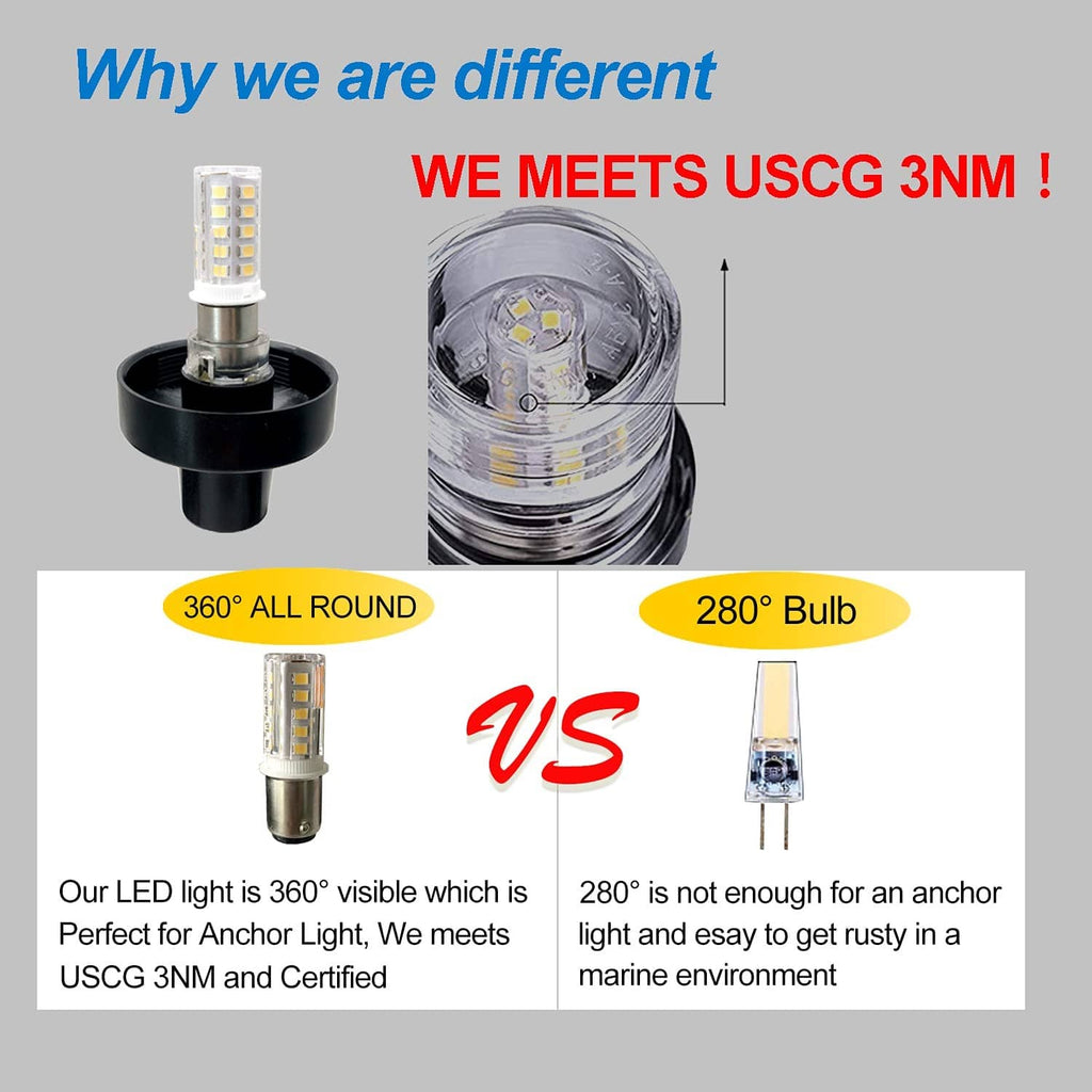 Marine LED navigation light with clear lens and black mount, shown on a compact base