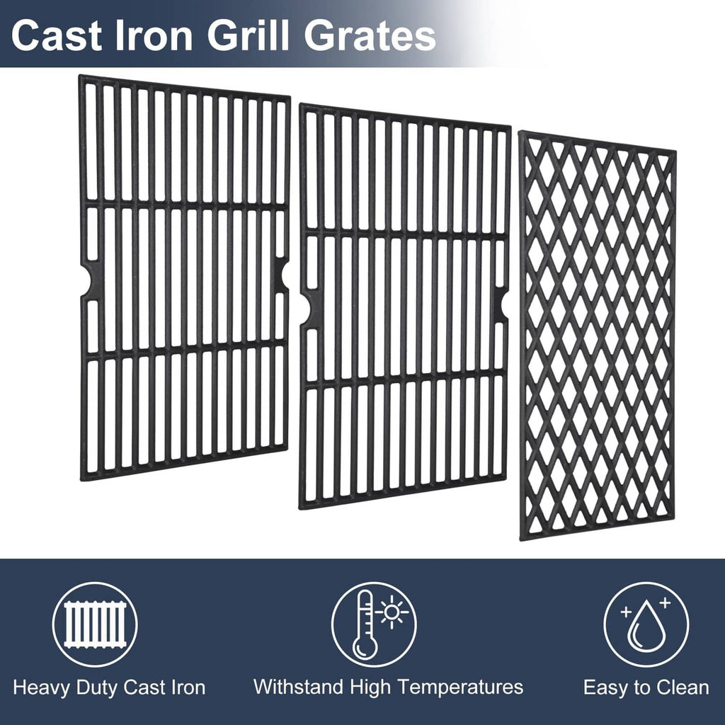 Cast iron grill grate set with three panels: grid, bars, and diamond pattern