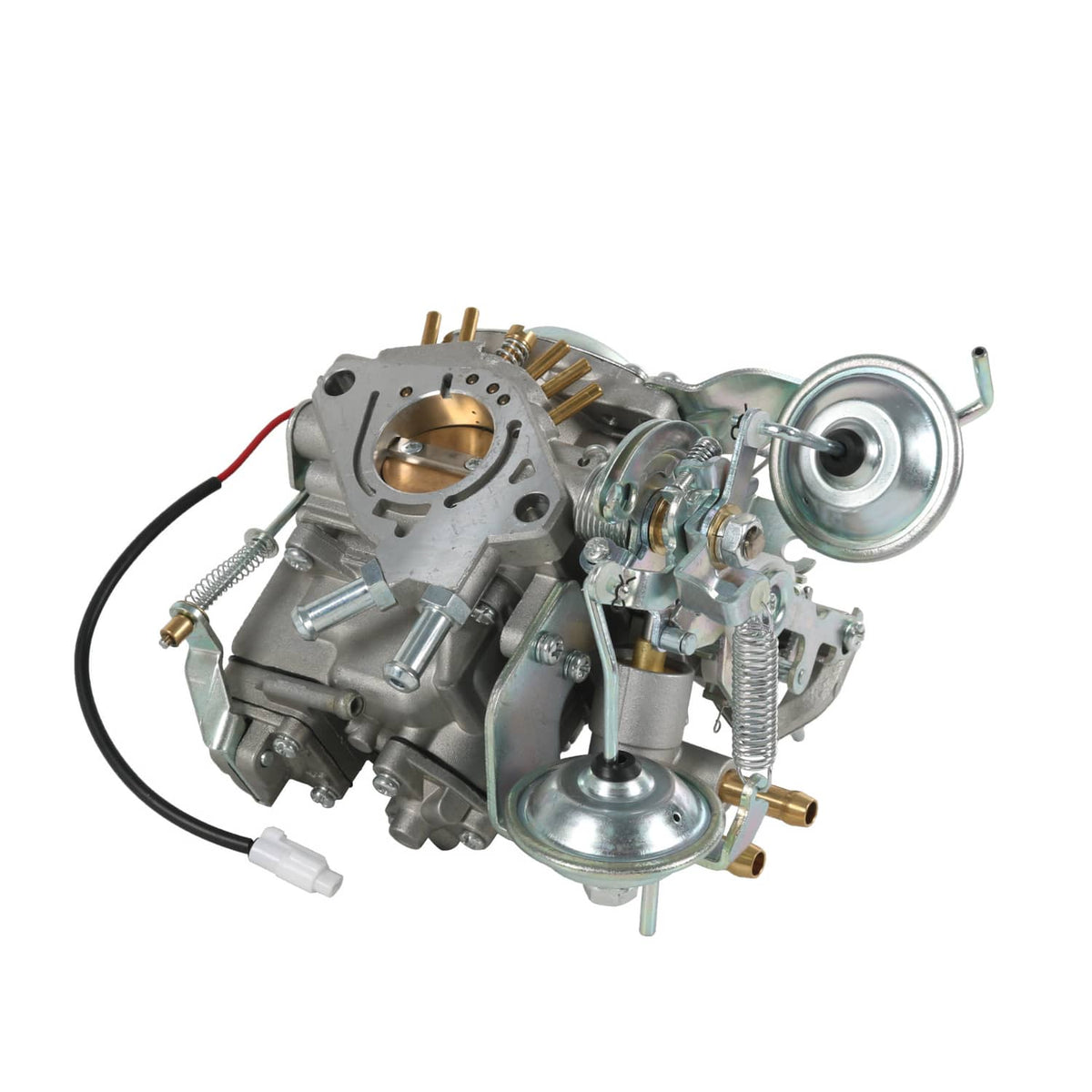 Carburetor assembly with round vacuum diaphragm and fuel/air fittings, metal finish