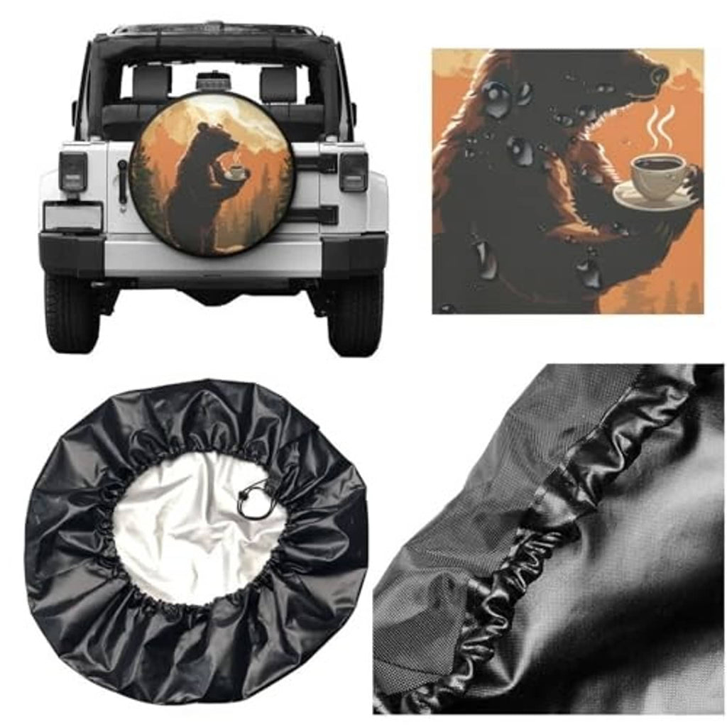 Waterproof RV spare tire cover with elastic edge, bear coffee scenic print