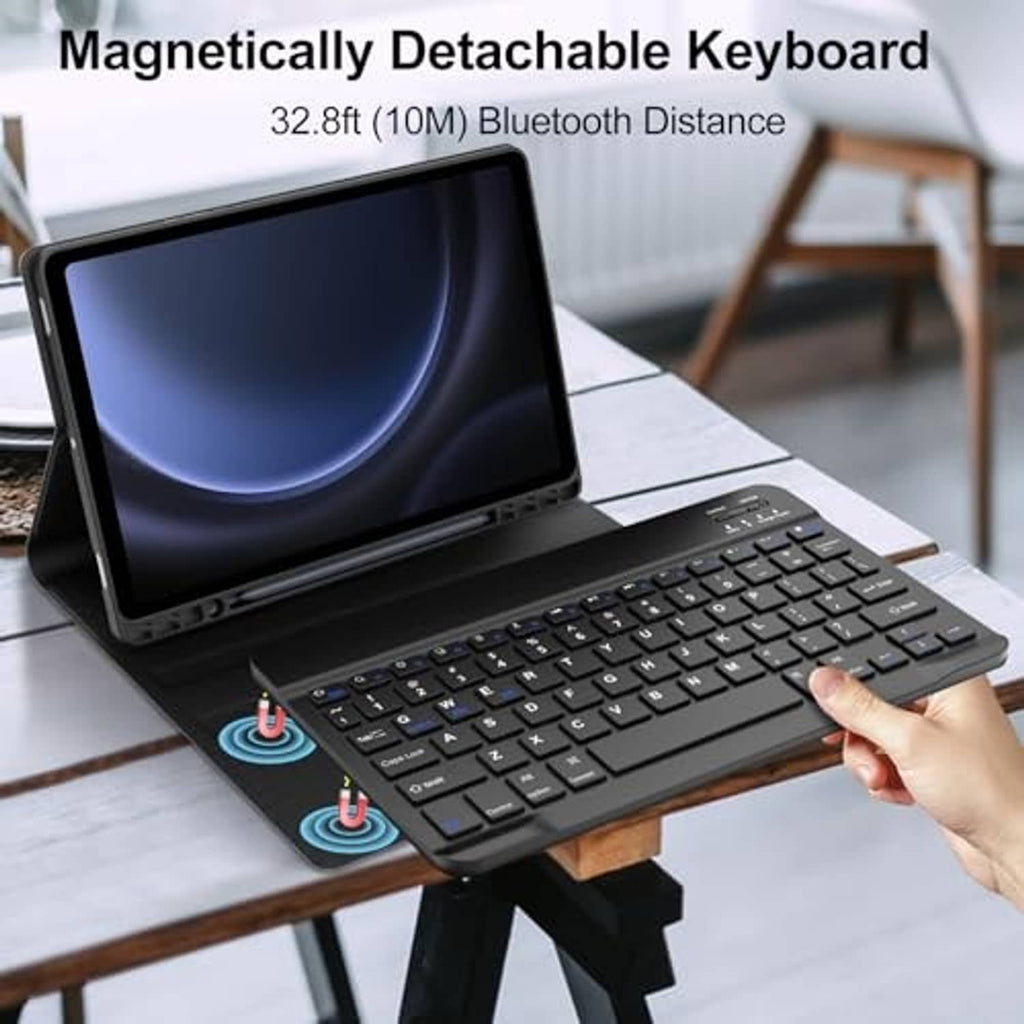 Black tablet keyboard case with magnetically detachable keyboard on stand
