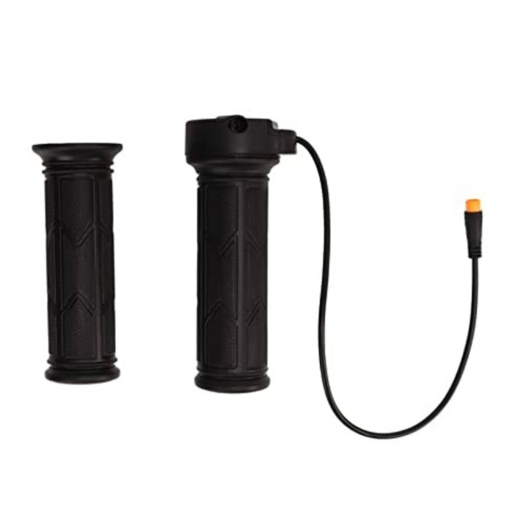Black thumb throttle grips pair with cable and orange-tipped connector, full rotation.