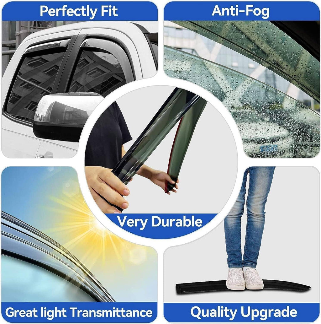 Installed tinted window rain visor on side window with water droplets