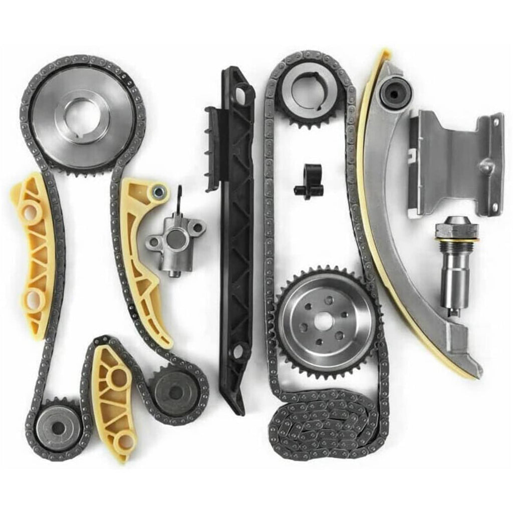 Timing chain kit with chain, sprockets, guide rails, and roller tensioner