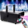 Black fog machine with top handle, LED lights, and wireless remote control