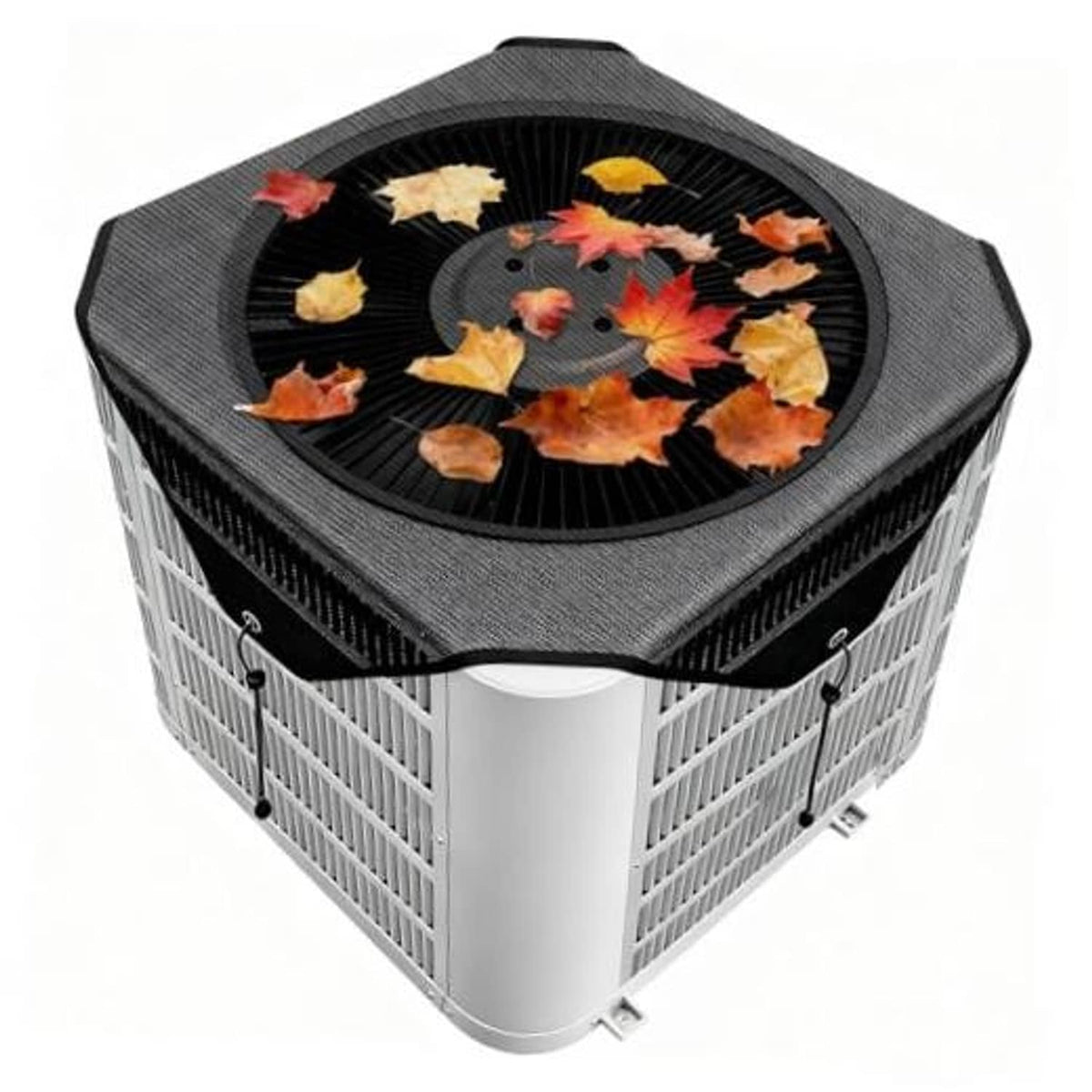 Outdoor AC unit cover with black mesh top and gray breathable sides, secured in place