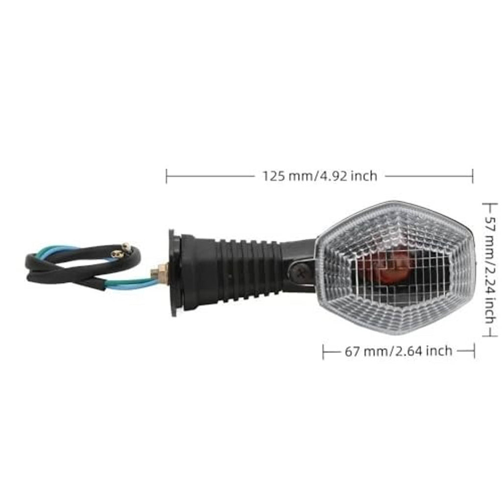 Single motorcycle turn signal light with clear lens, ribbed black housing, and wire leads