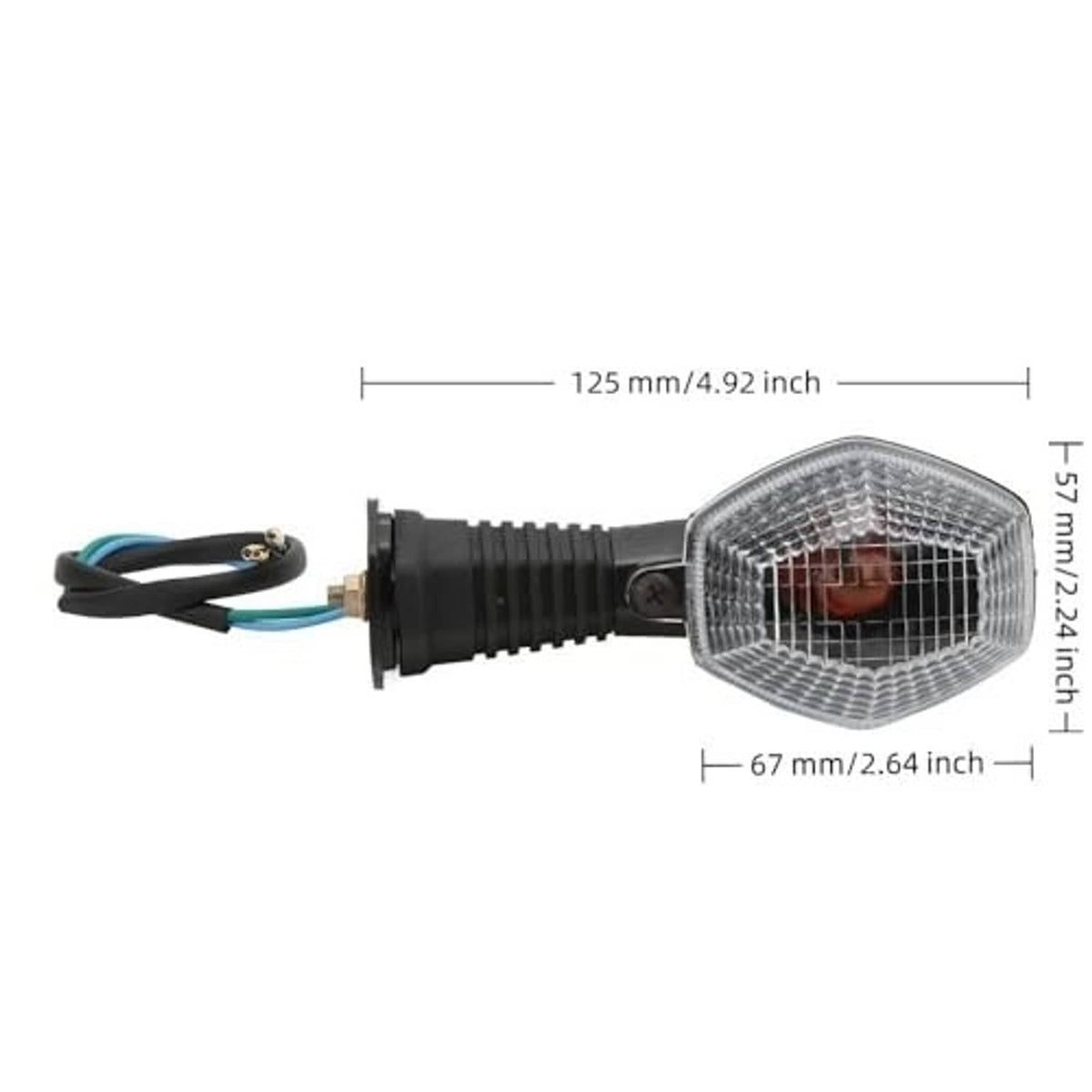 Single motorcycle turn signal light with clear lens, ribbed black housing, and wire leads