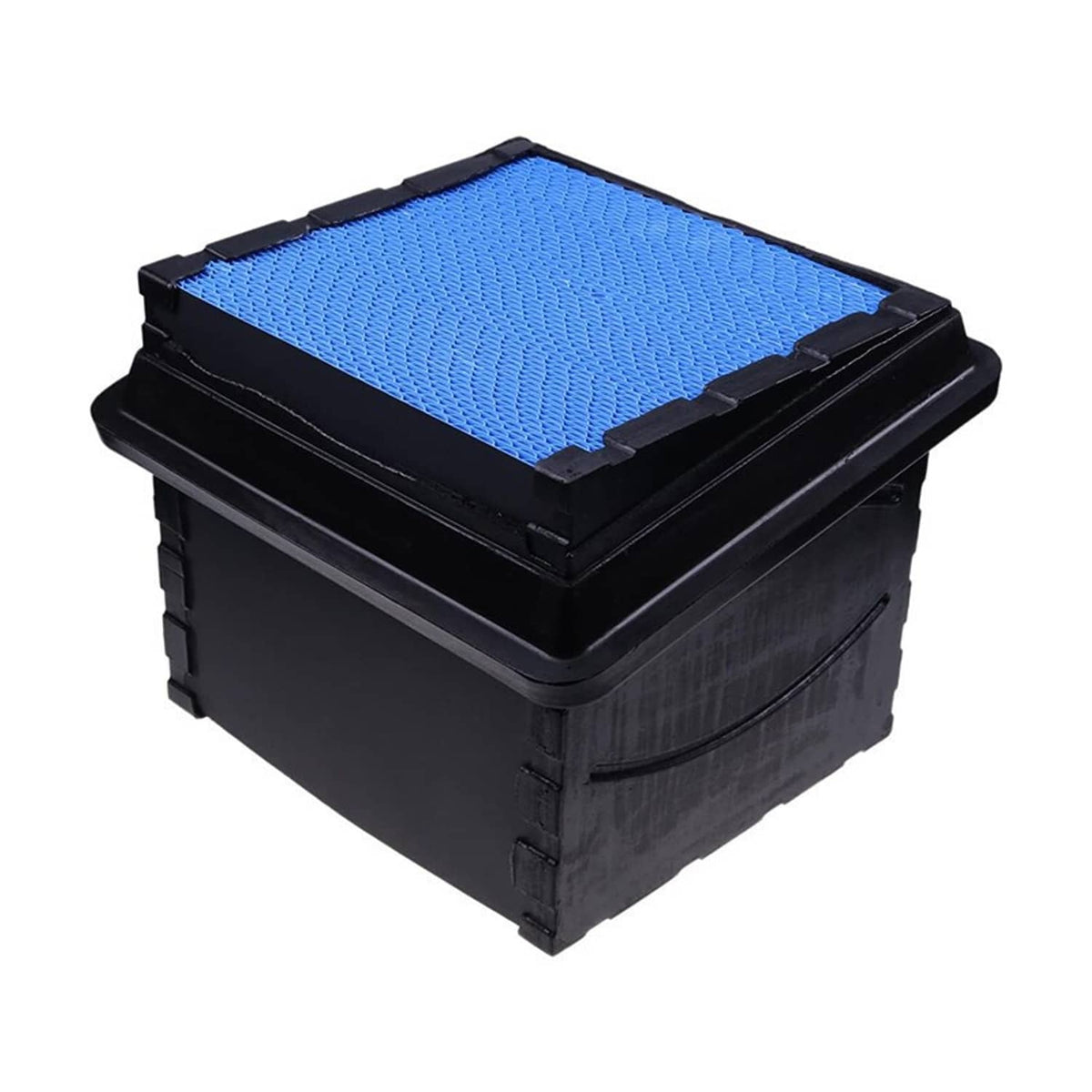Air filter with blue mesh insert and black molded casing