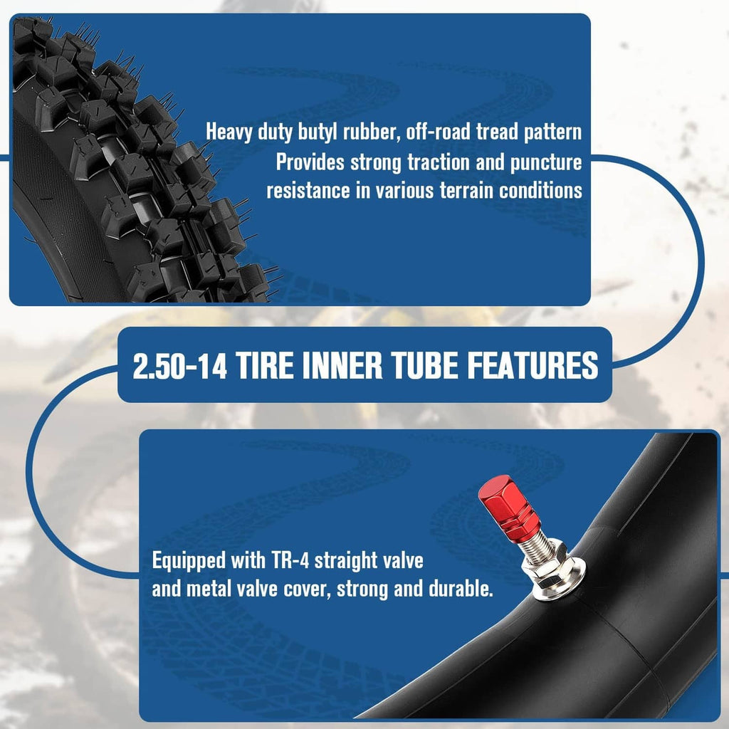 Off-road tire tread and straight valve area for inner tube