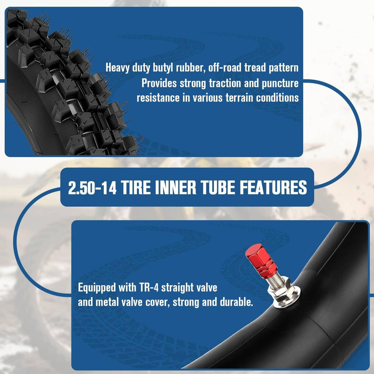 Off-road tire tread and straight valve area for inner tube