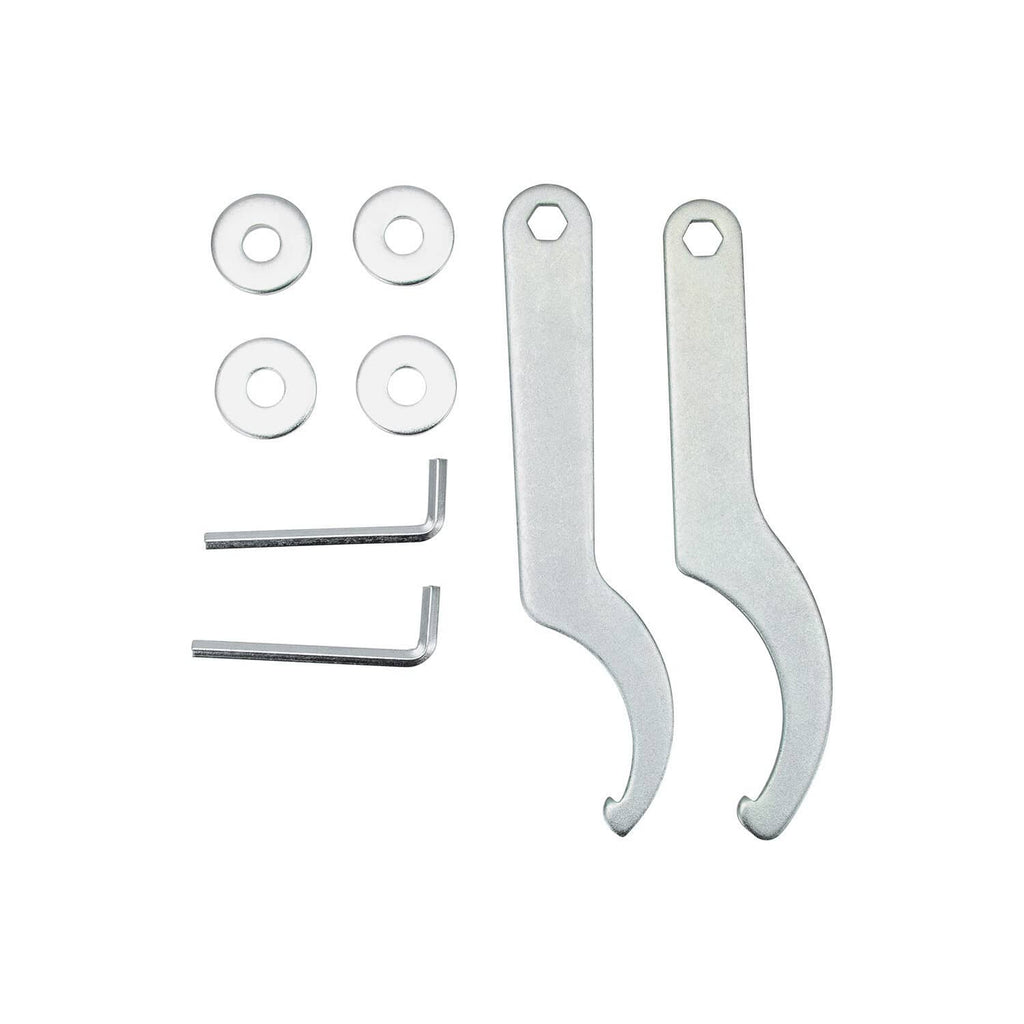 Metal mounting hardware set with U brackets, washers, and L hex keys