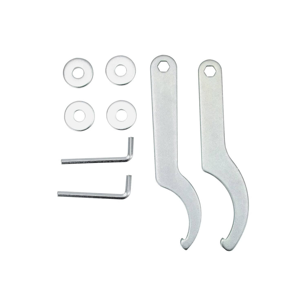 Metal mounting hardware set with U brackets, washers, and L hex keys