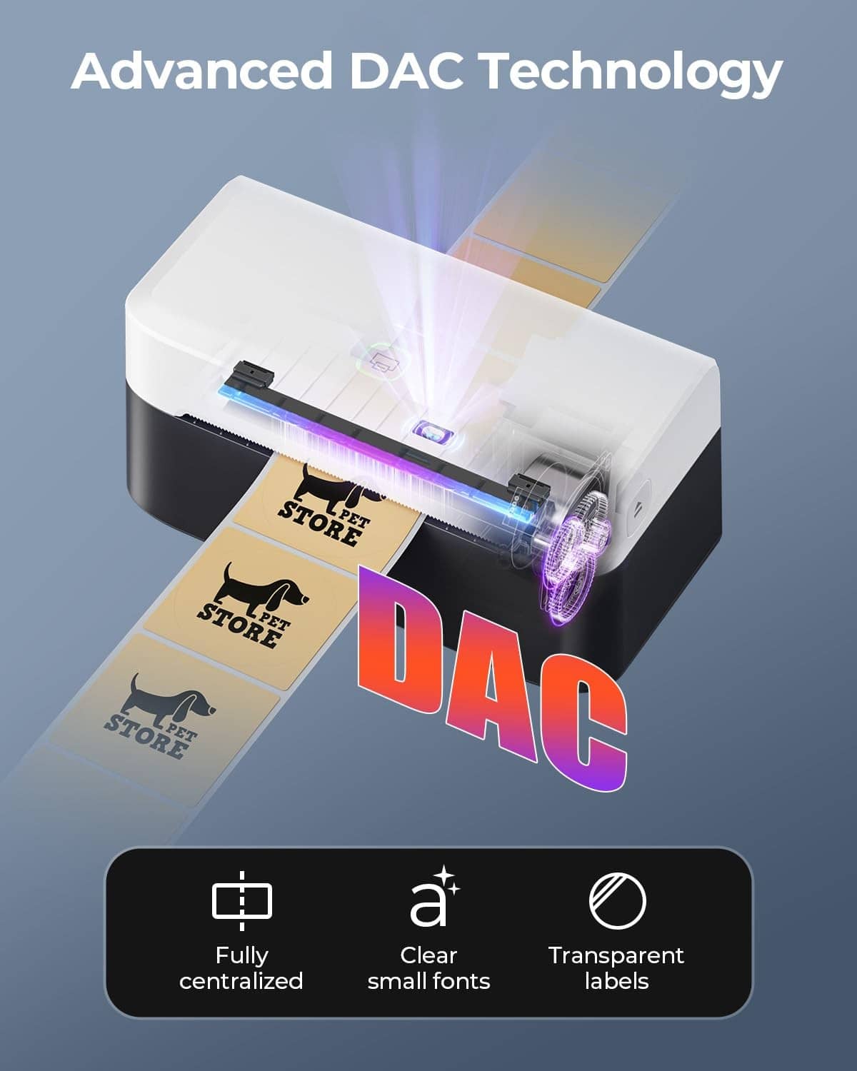White-and-black thermal label printer with glowing DAC calibration effect
