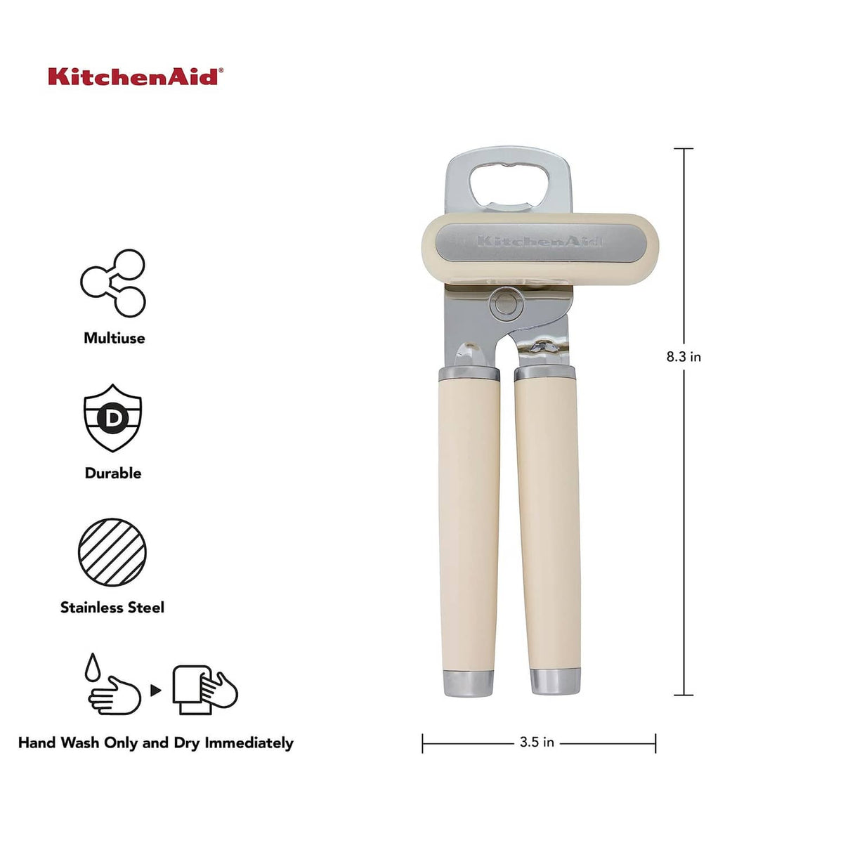 Almond cream can opener with chrome cutting head and top bottle-opener lever