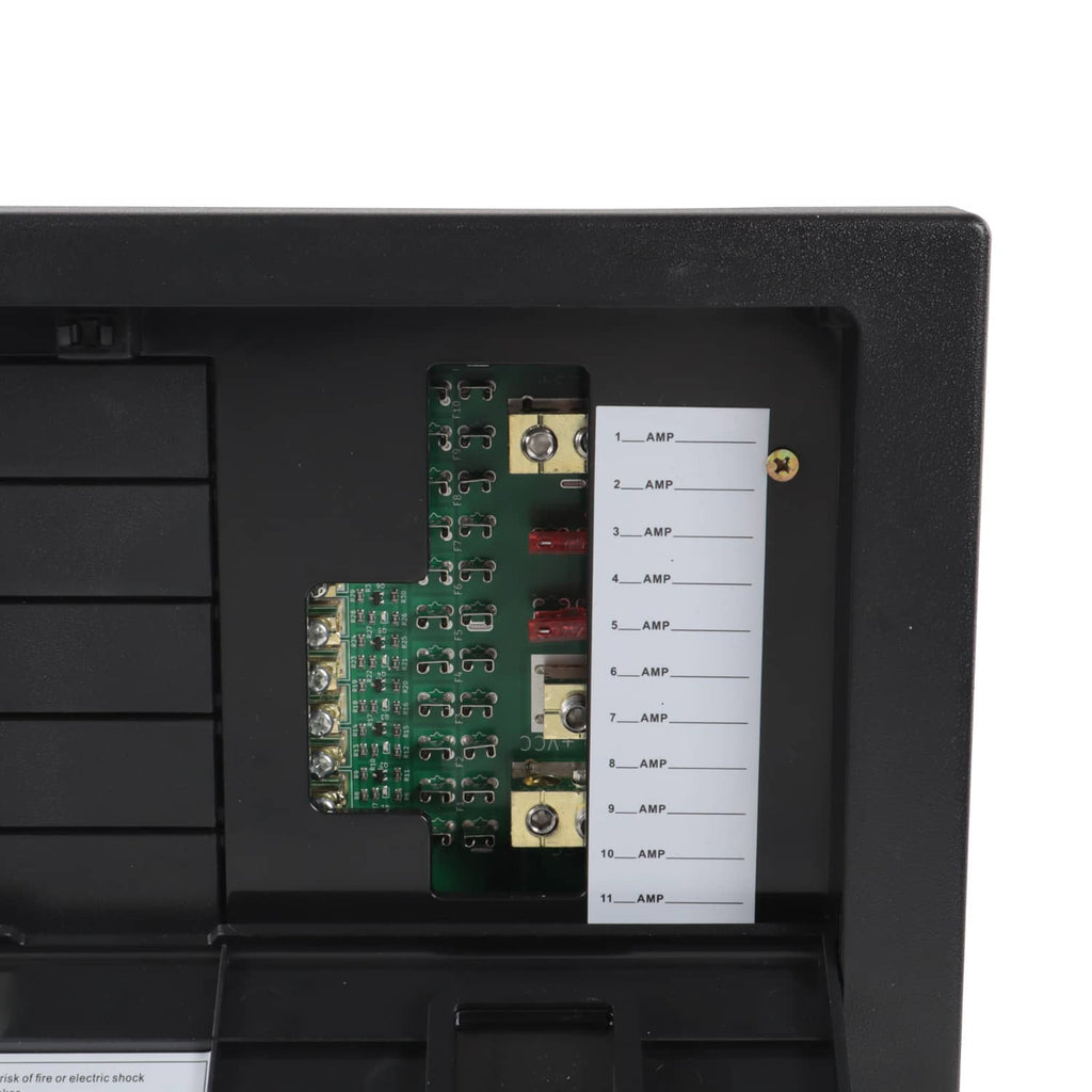 Battery power converter distribution panel interior with PCB and connector terminals