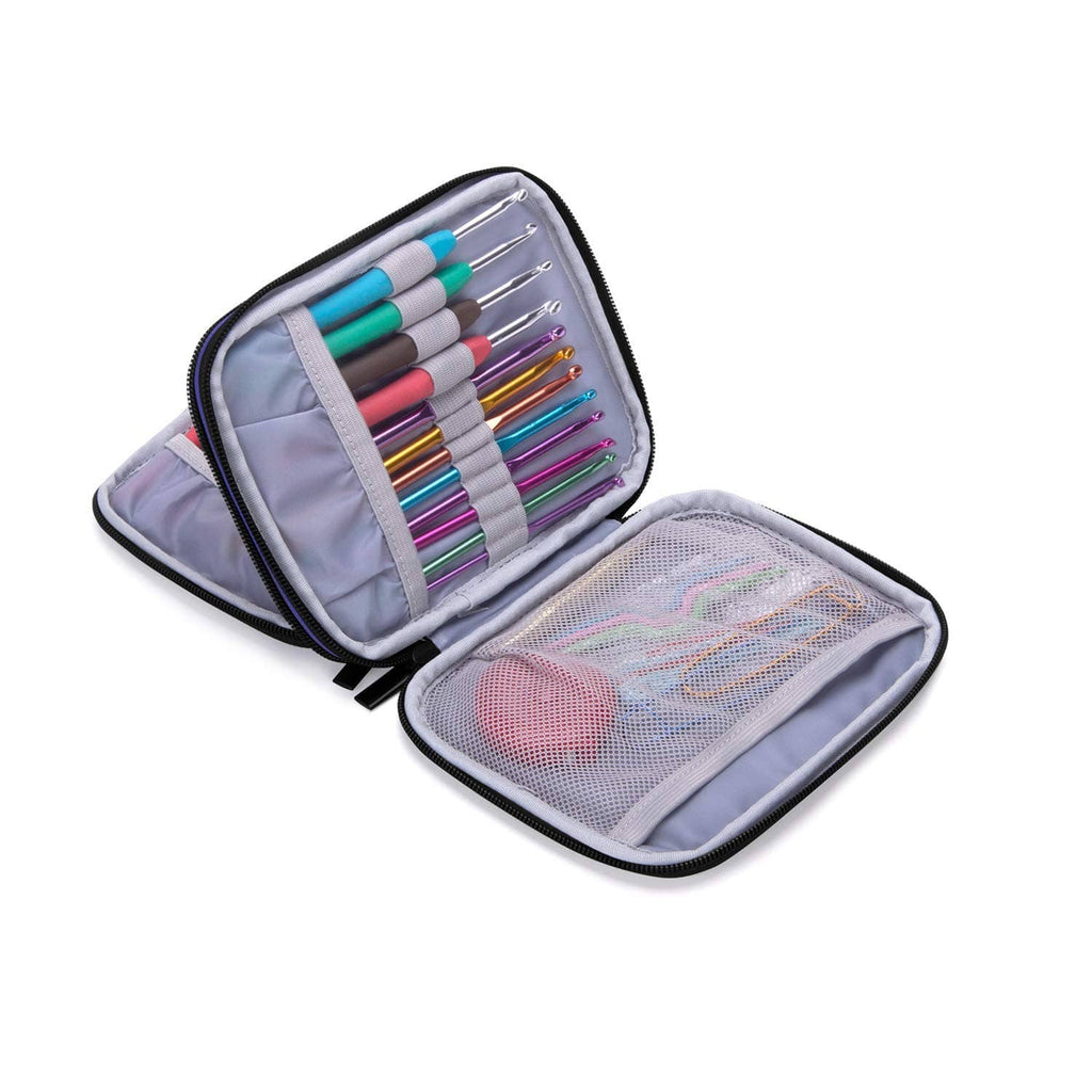 Damero crochet hook case, zipper-open view with multi-color crochet hooks and mesh pocket