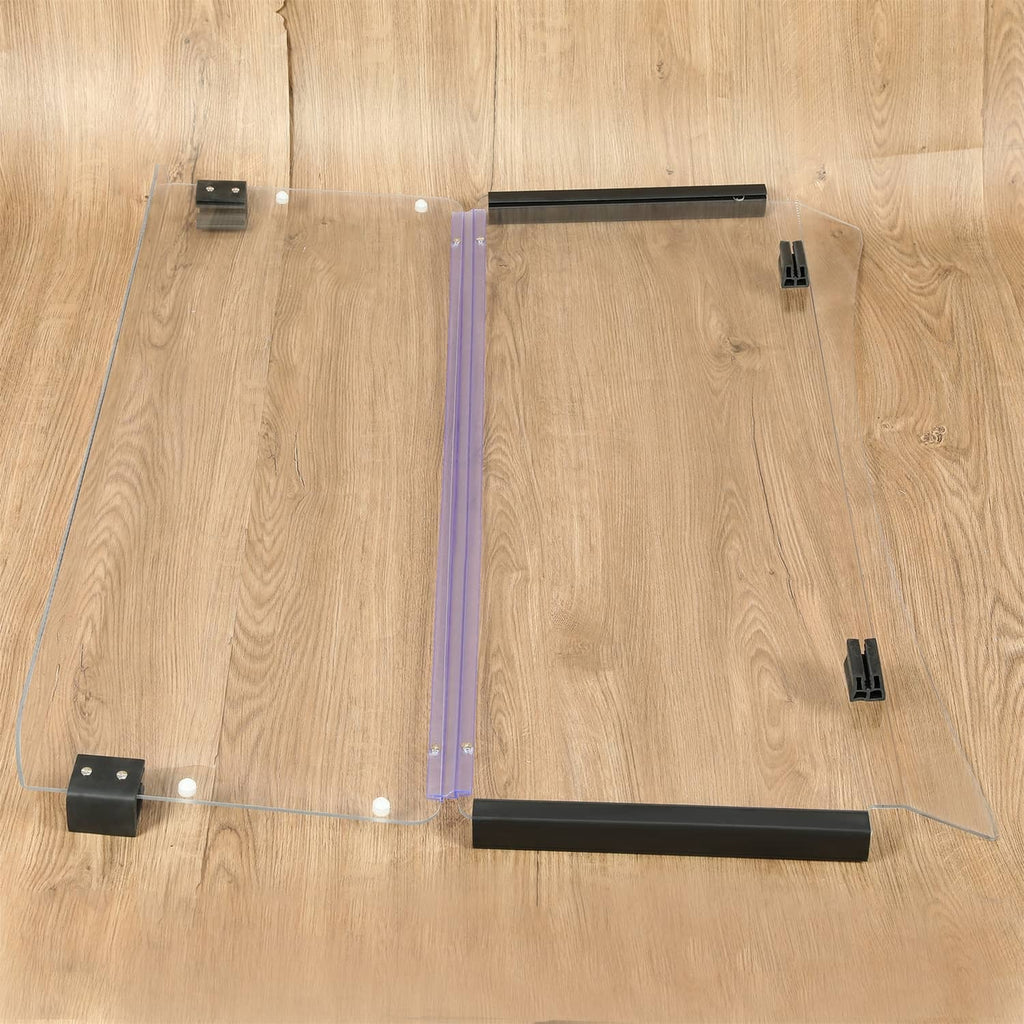 Folding transparent windshield with black base rails and blue hinge supports
