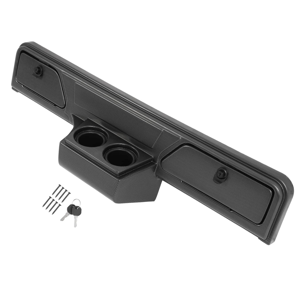 Carbon fiber-style dashboard dash cover with two circular cup openings and side storage panel