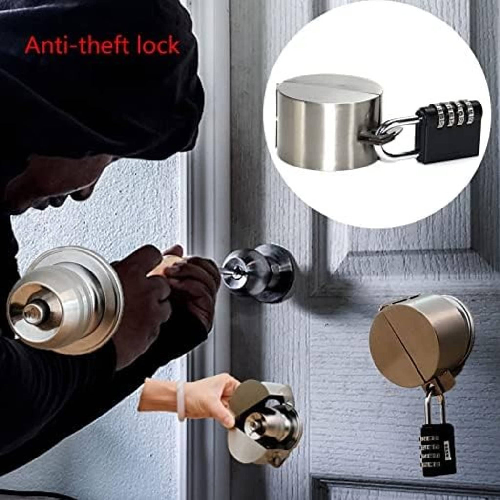 Door knob lock with black combination keypad and silver circular guard on a door