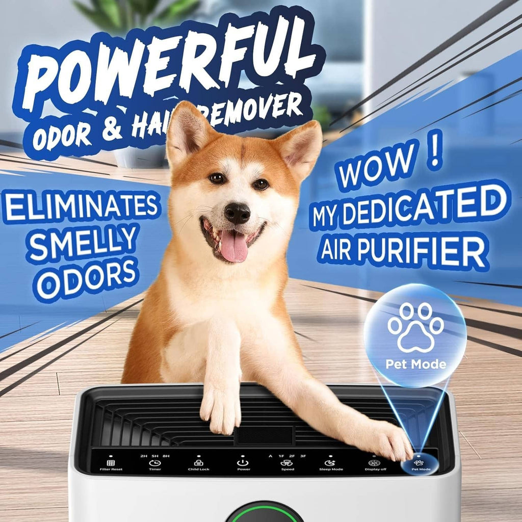 White MOOKA air purifier showing front control panel with pet mode indicator