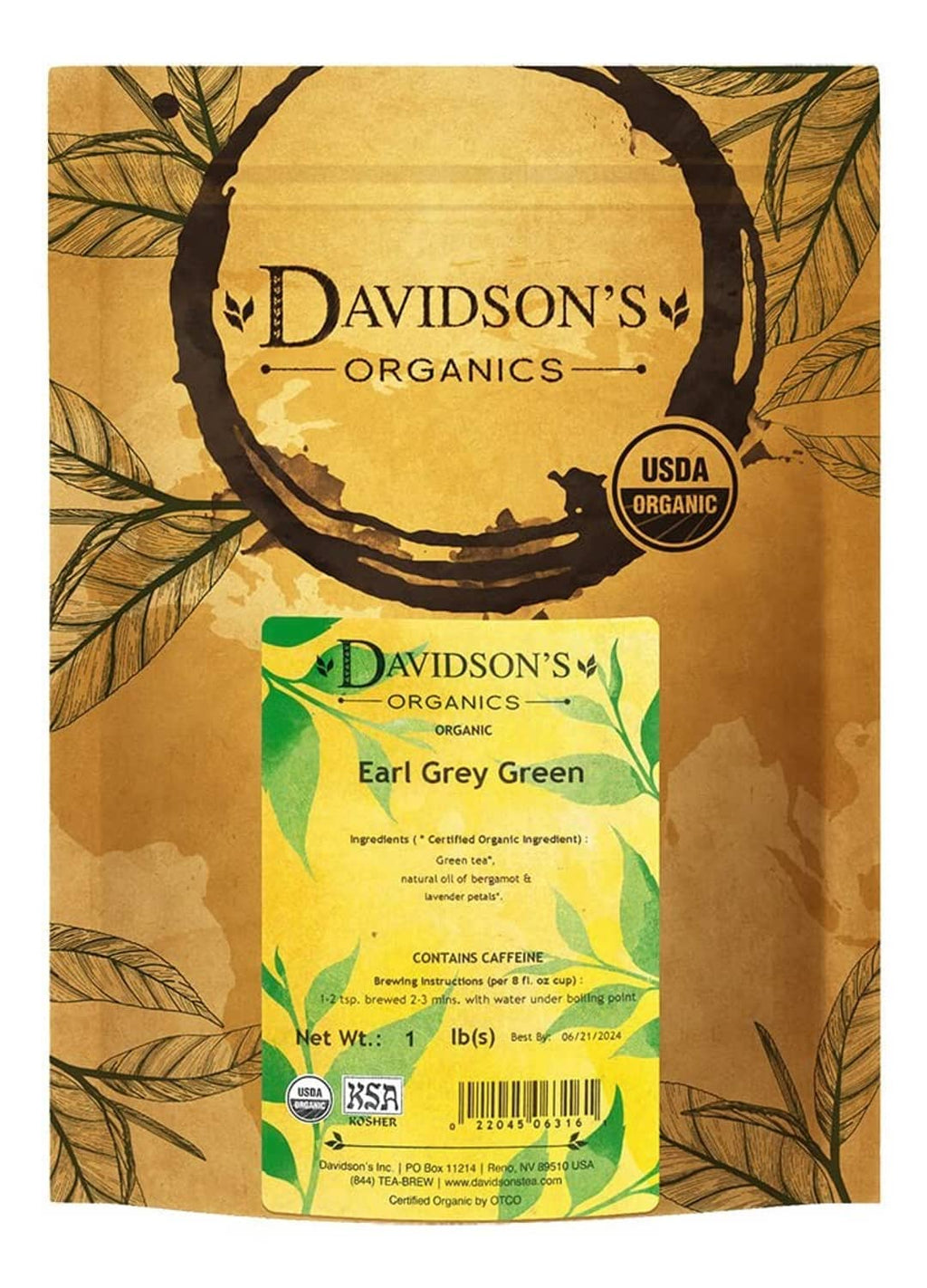 Organic earl grey green loose-leaf tea pouch with Davidson's Organics label, 1 lb