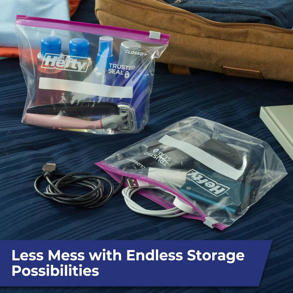 Quart slider storage bag on a table with labeled items for organized meal prep storage