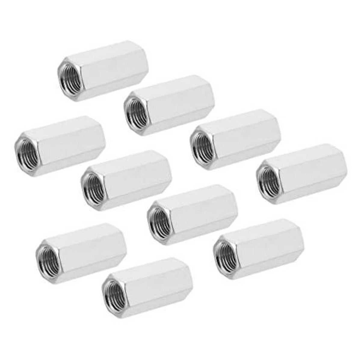 Hex coupling nuts set with M10x1 fine internal thread, silver metal hex sleeve